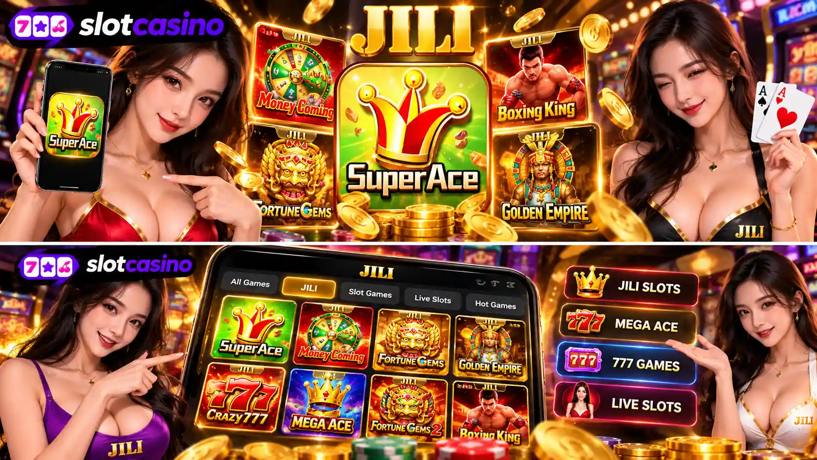 Casino Plus slot games showing JILI Mega Ace 777 and live slot categories