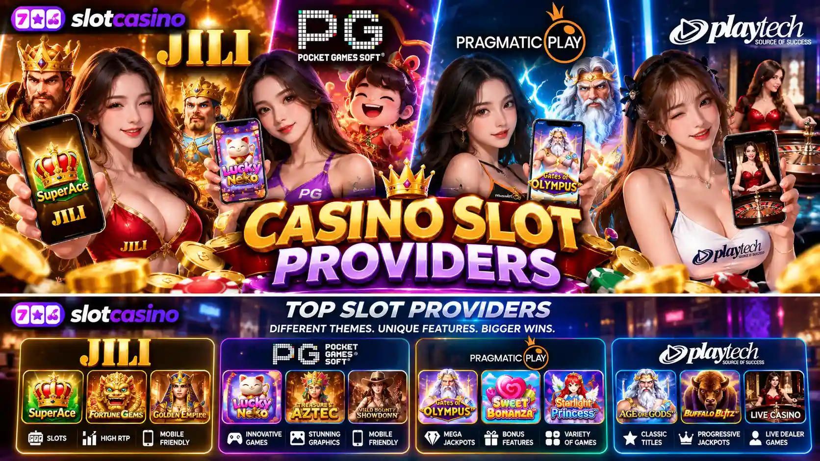 Casino slot providers JILI PG Soft Pragmatic Play and Playtech software comparison