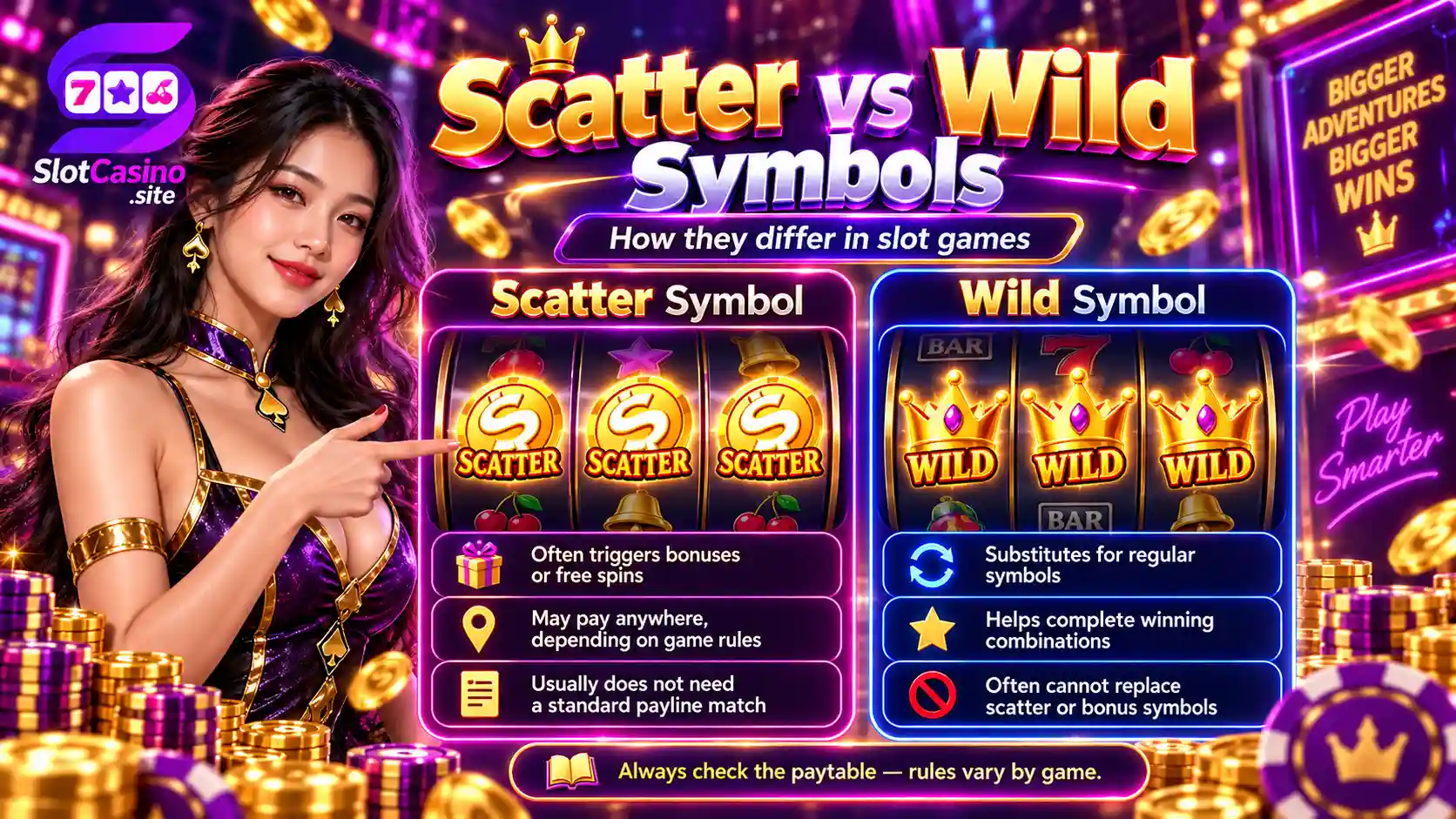 Scatter and wild symbols explaining free spins and bonus triggers