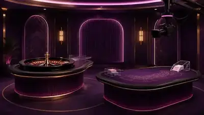 Illustration of a live casino studio with roulette and card tables